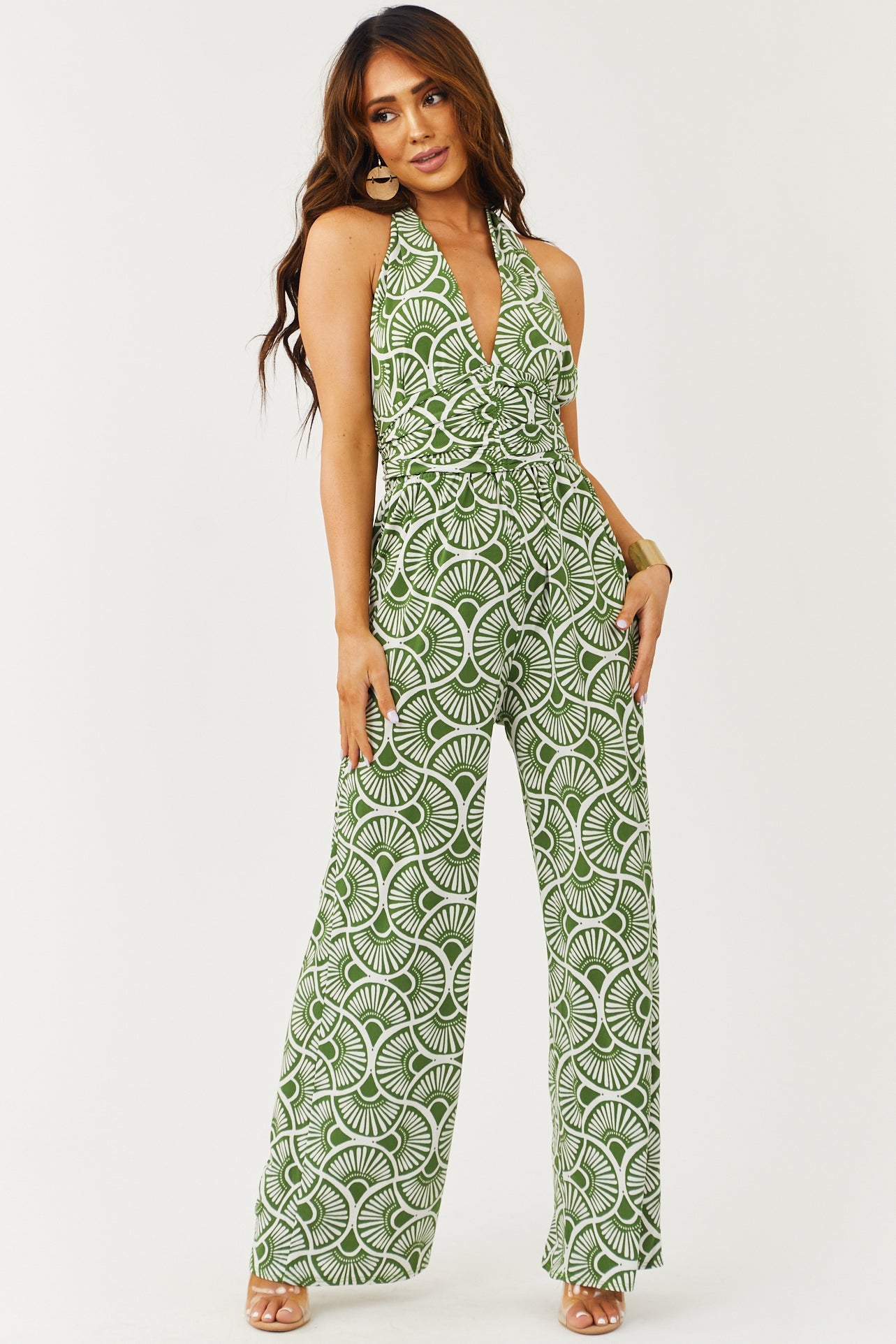 Deep Olive Printed Halter Neck Wide Leg Jumpsuit
