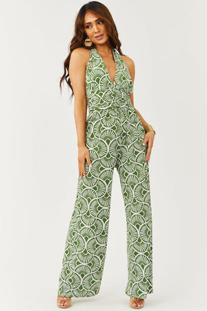 Deep Olive Printed Halter Neck Wide Leg Jumpsuit