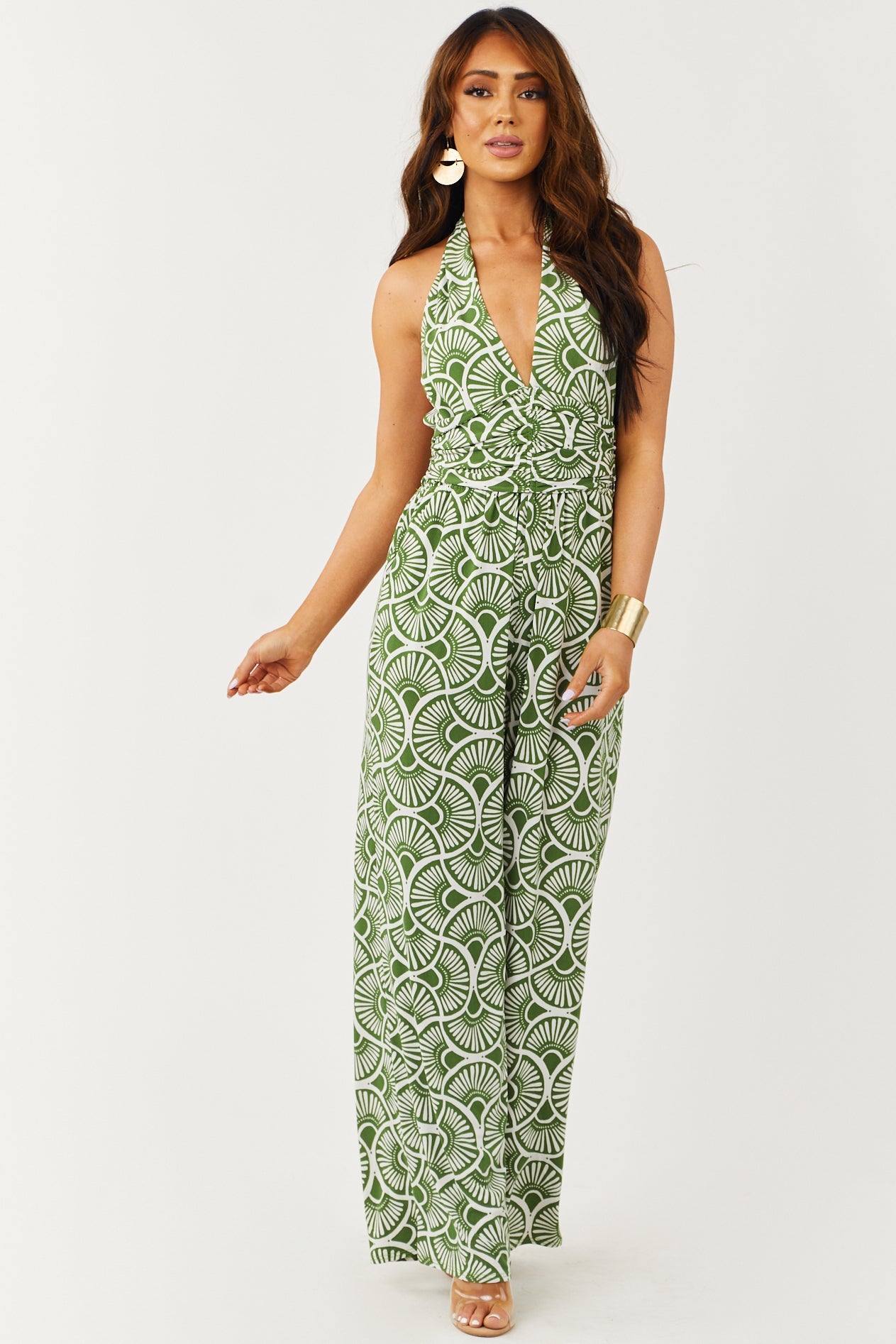 Deep Olive Printed Halter Neck Wide Leg Jumpsuit