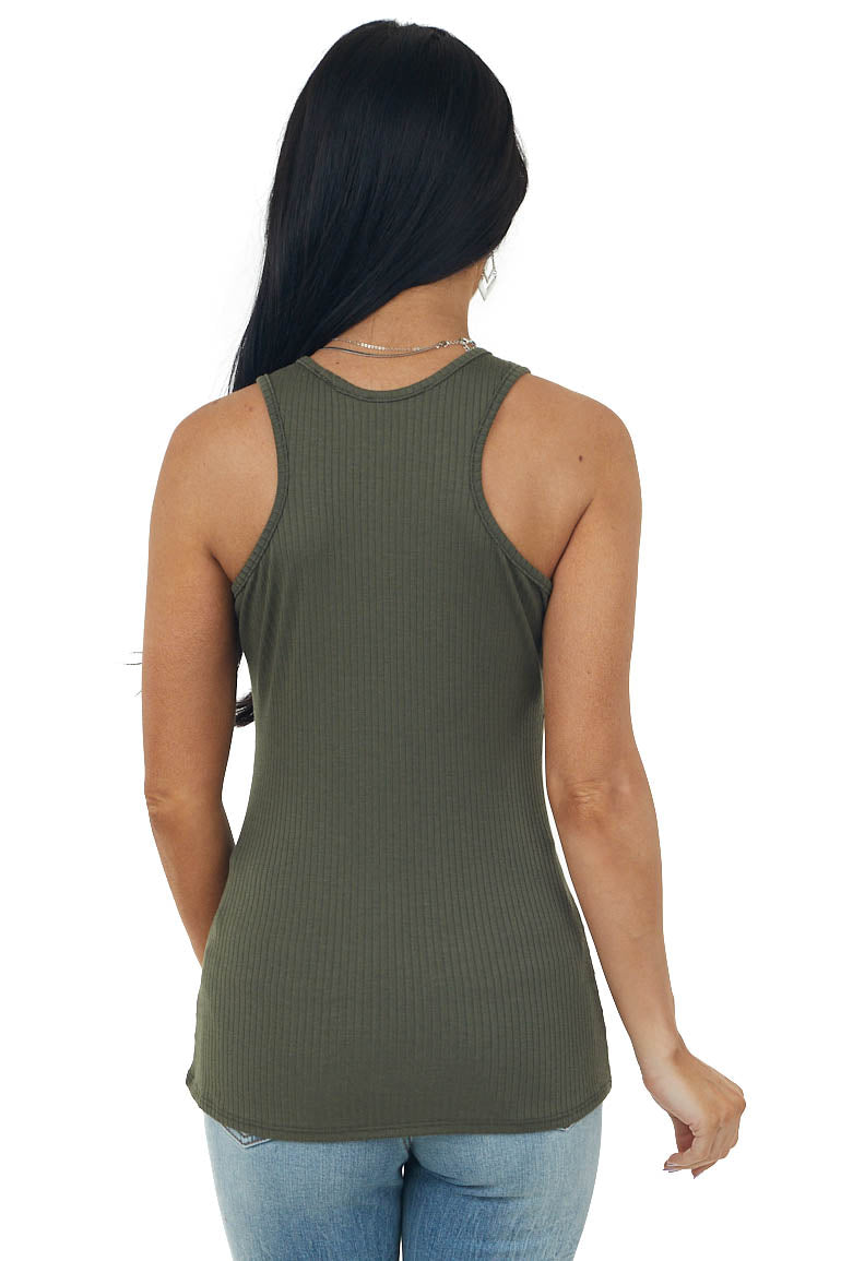 Deep Olive Ribbed Knit Scoop Neck Tank Top