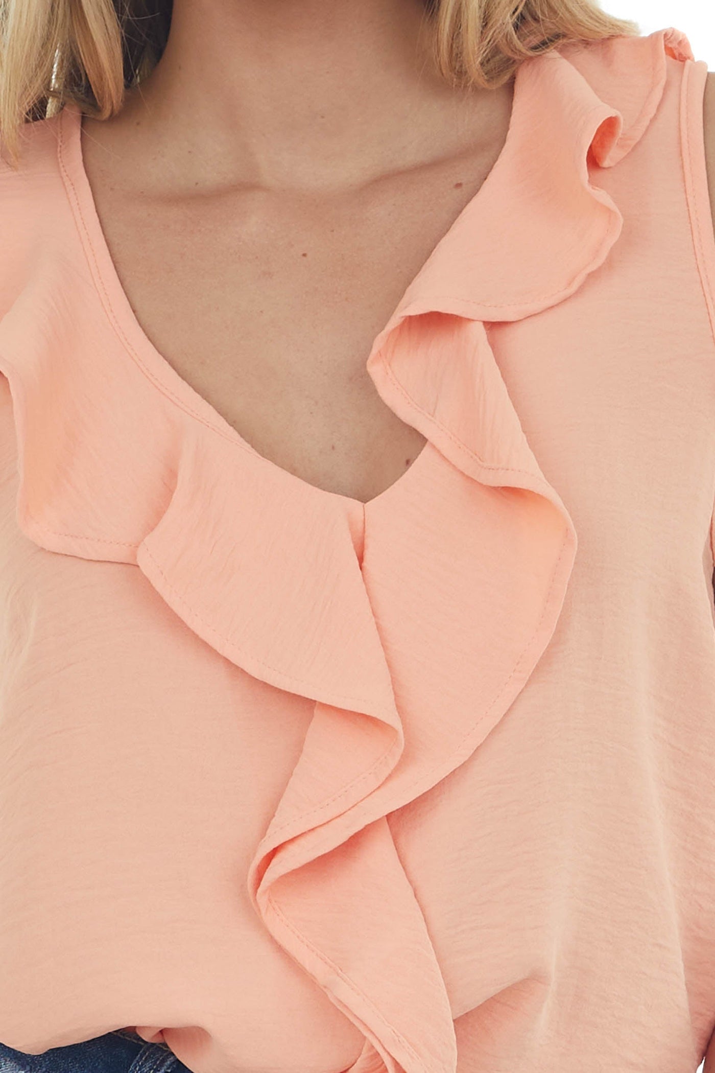 Deep Peach Ruffle Sleeveless Crinkle Blouse