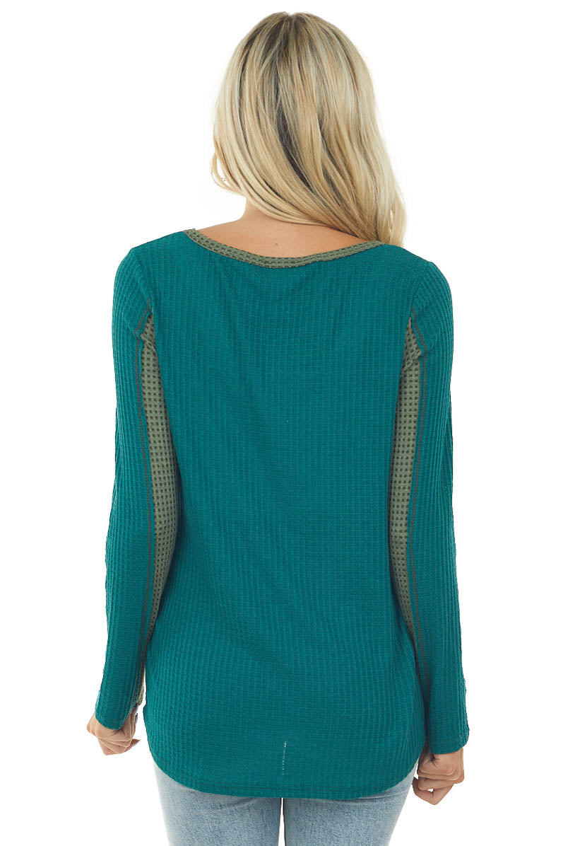 Deep Pine Long Sleeve Waffle Knit Top with Contrast Detail