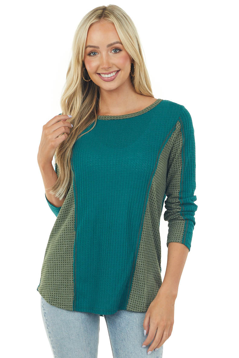 Deep Pine Long Sleeve Waffle Knit Top with Contrast Detail