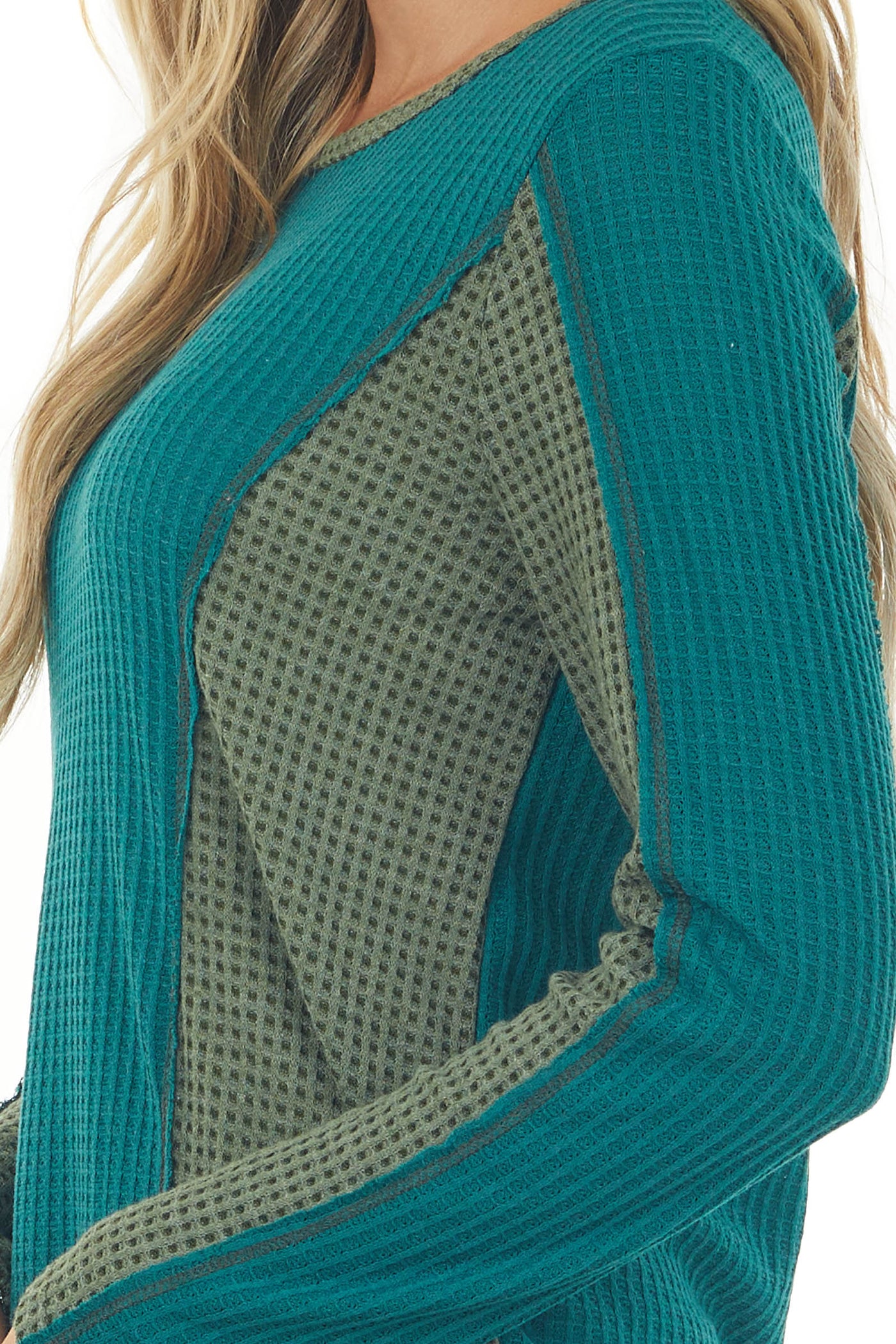 Deep Pine Long Sleeve Waffle Knit Top with Contrast Detail