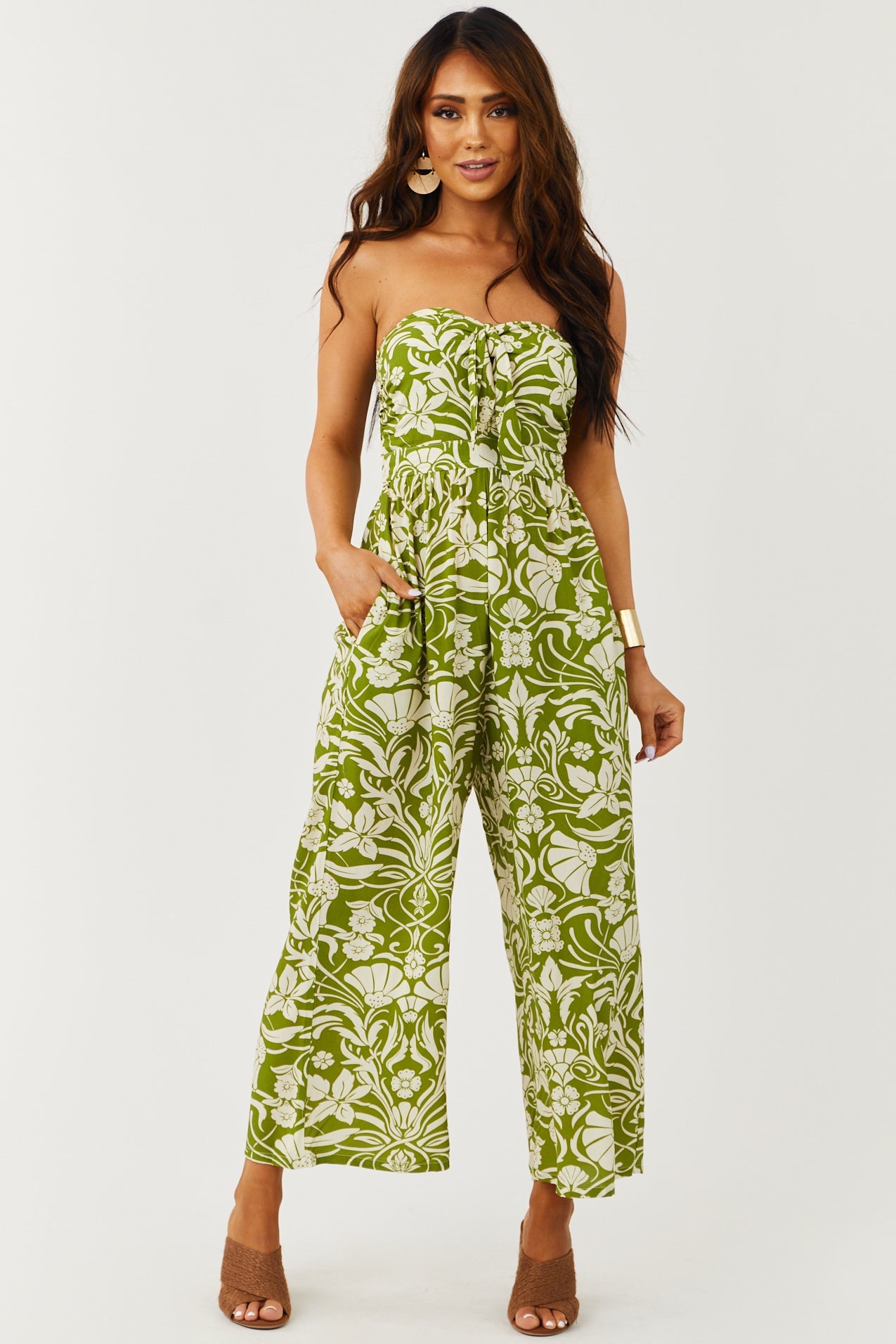 Deep Pistachio Floral Strapless Cropped Jumpsuit