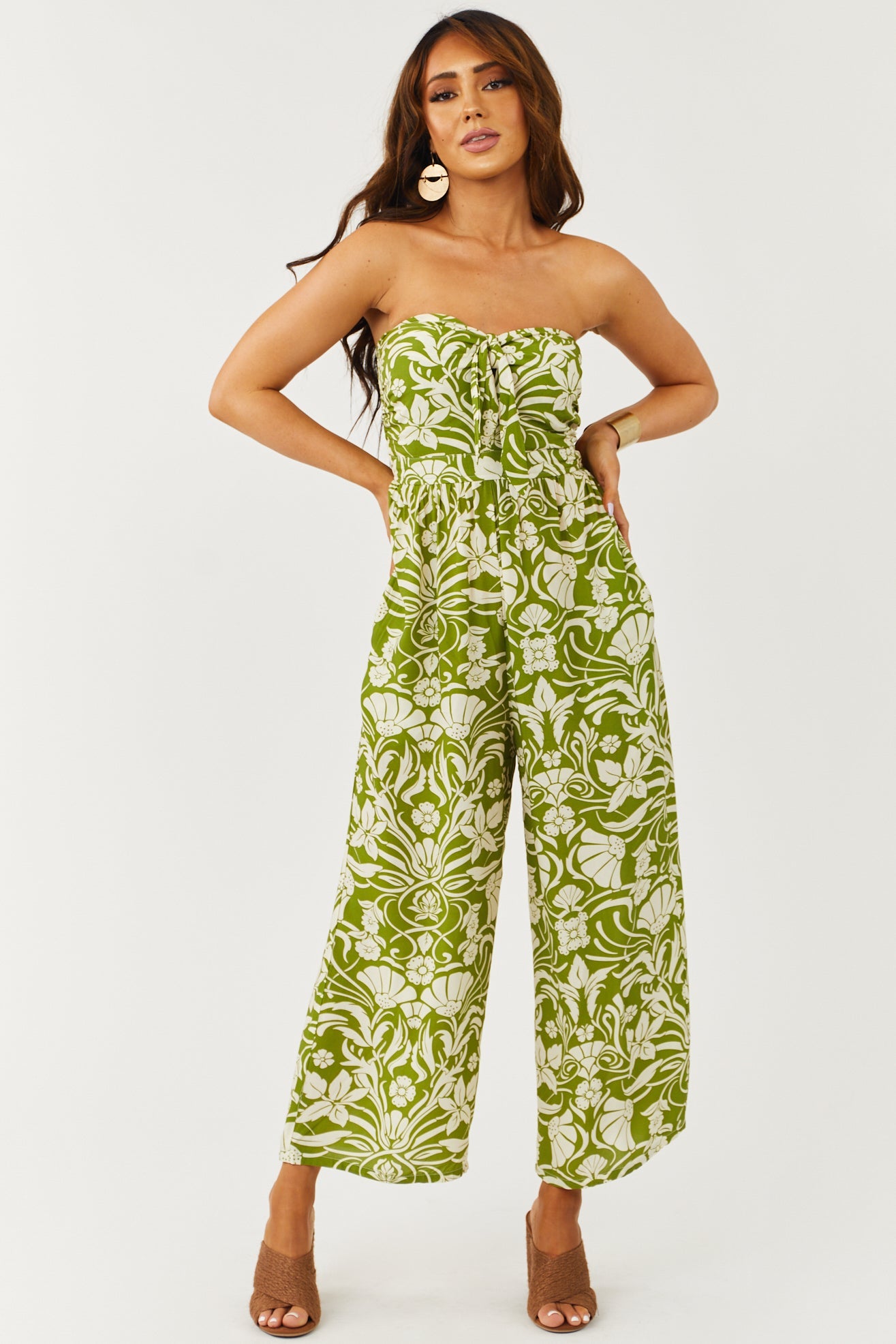 Deep Pistachio Floral Strapless Cropped Jumpsuit