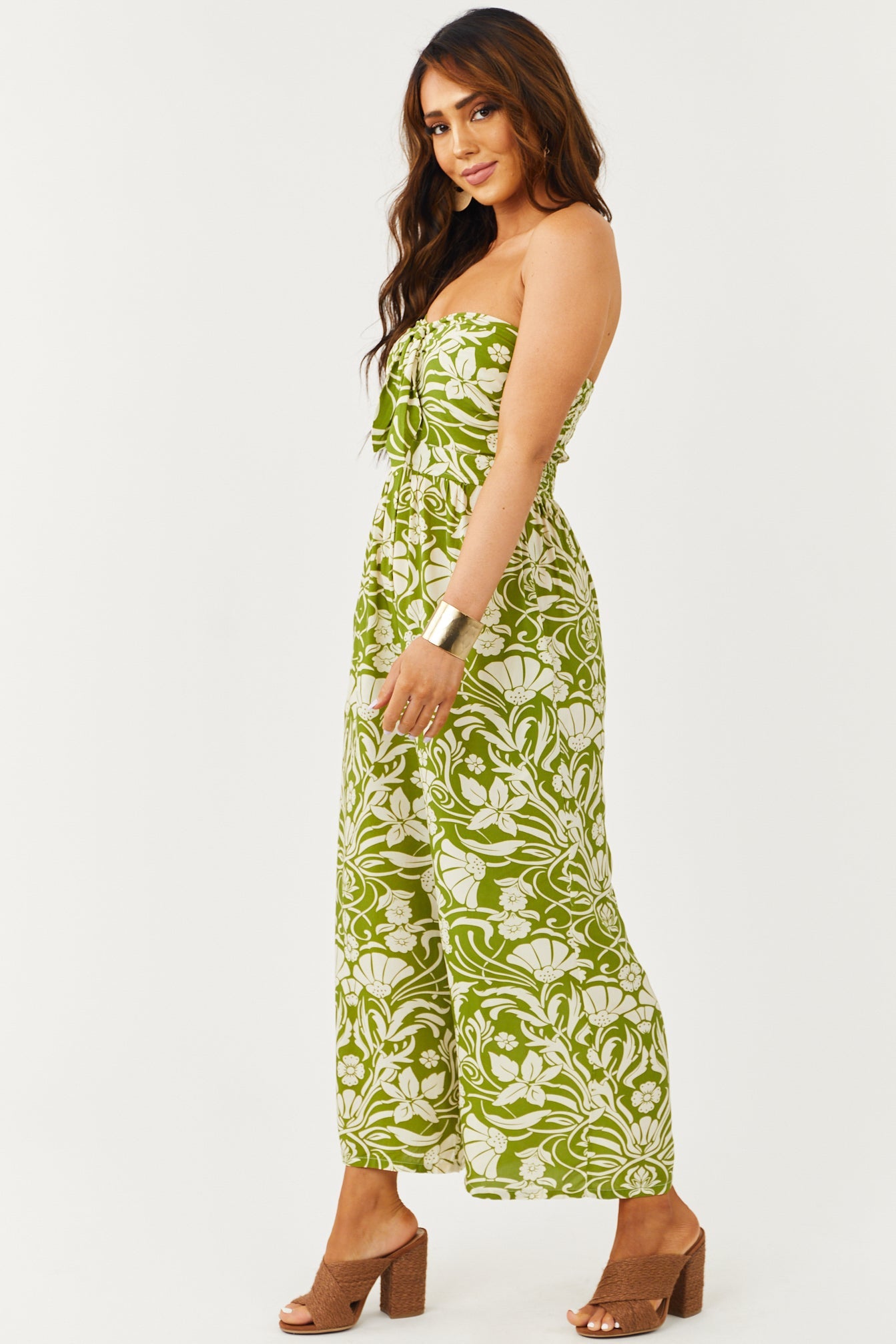 Deep Pistachio Floral Strapless Cropped Jumpsuit