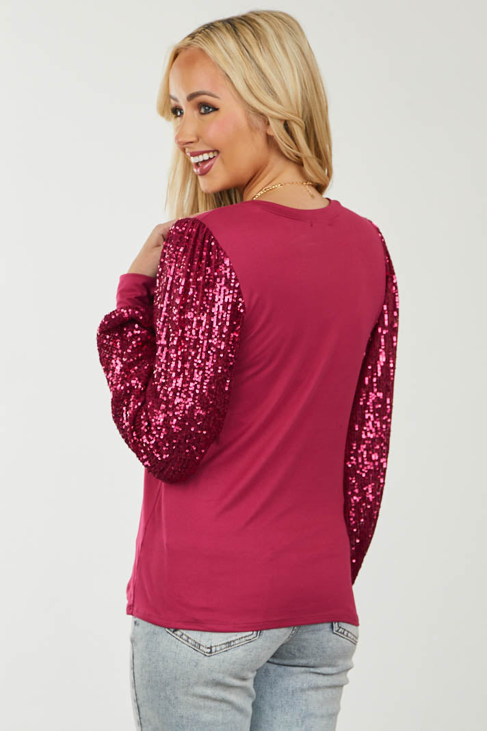 Deep Raspberry Long Sequined Sleeve Knit Top