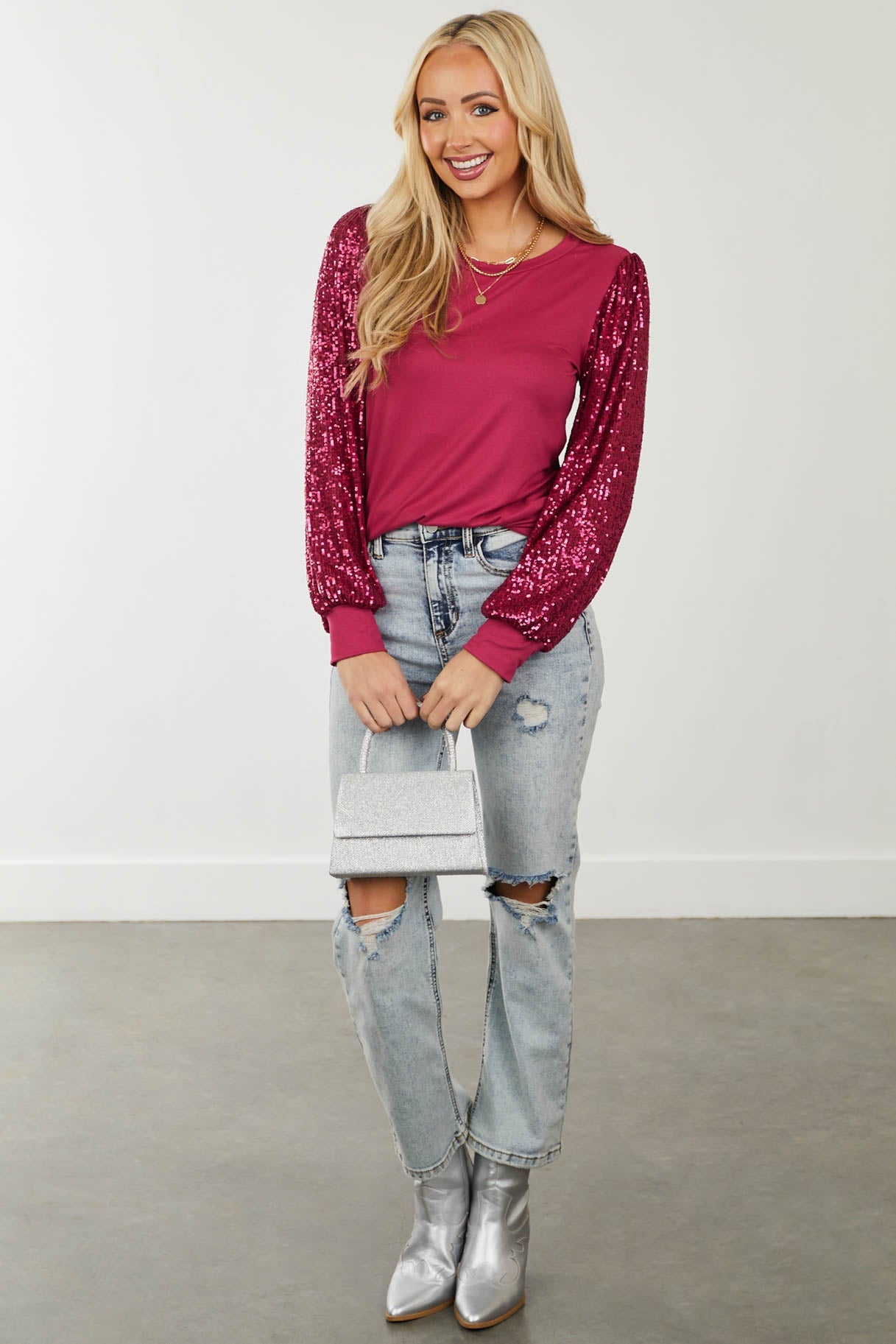 Deep Raspberry Long Sequined Sleeve Knit Top