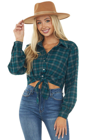 Deep Sea Blue Plaid Button Up Front Tie Woven Top