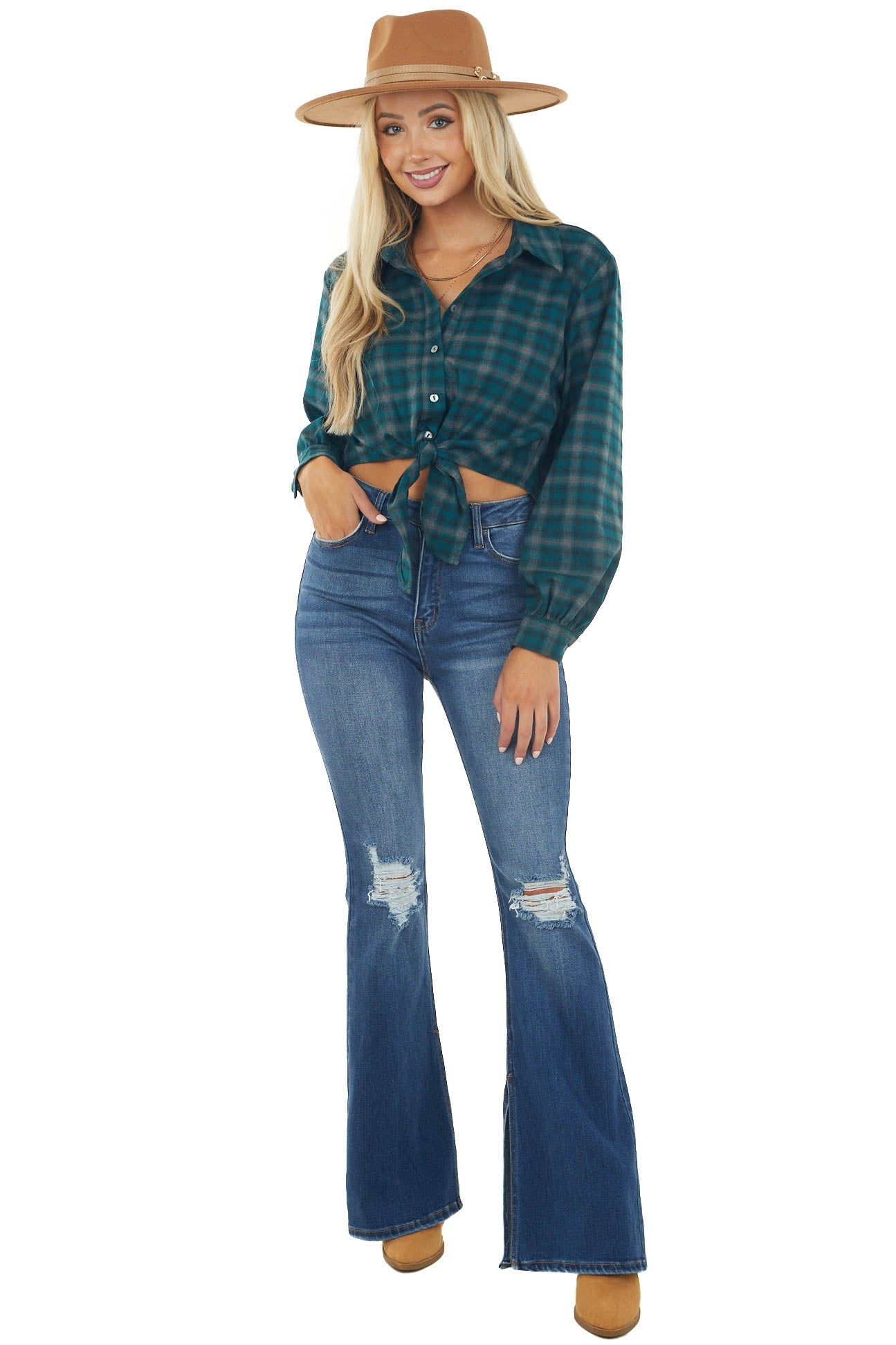 Deep Sea Blue Plaid Button Up Front Tie Woven Top