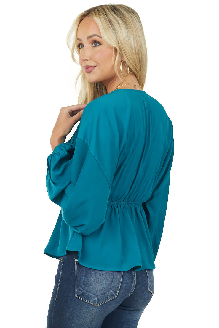 Deep Teal Pleated Long Sleeve Waist Tie Blouse