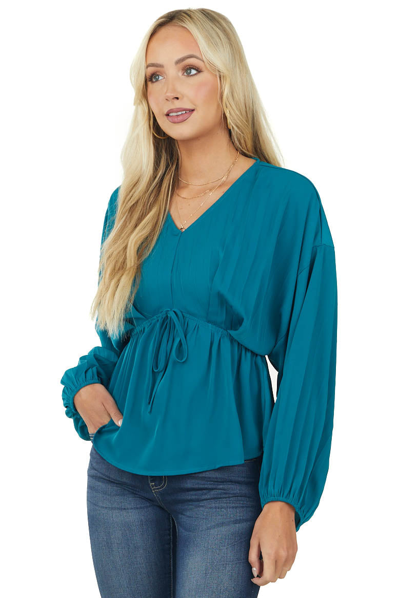 Deep Teal Pleated Long Sleeve Waist Tie Blouse