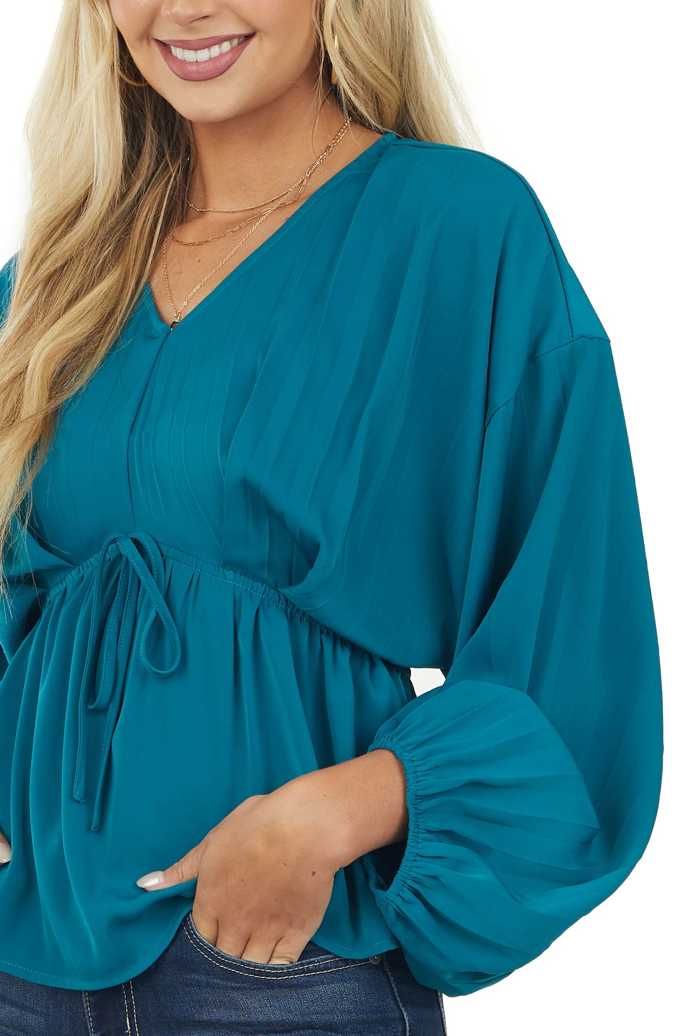 Deep Teal Pleated Long Sleeve Waist Tie Blouse