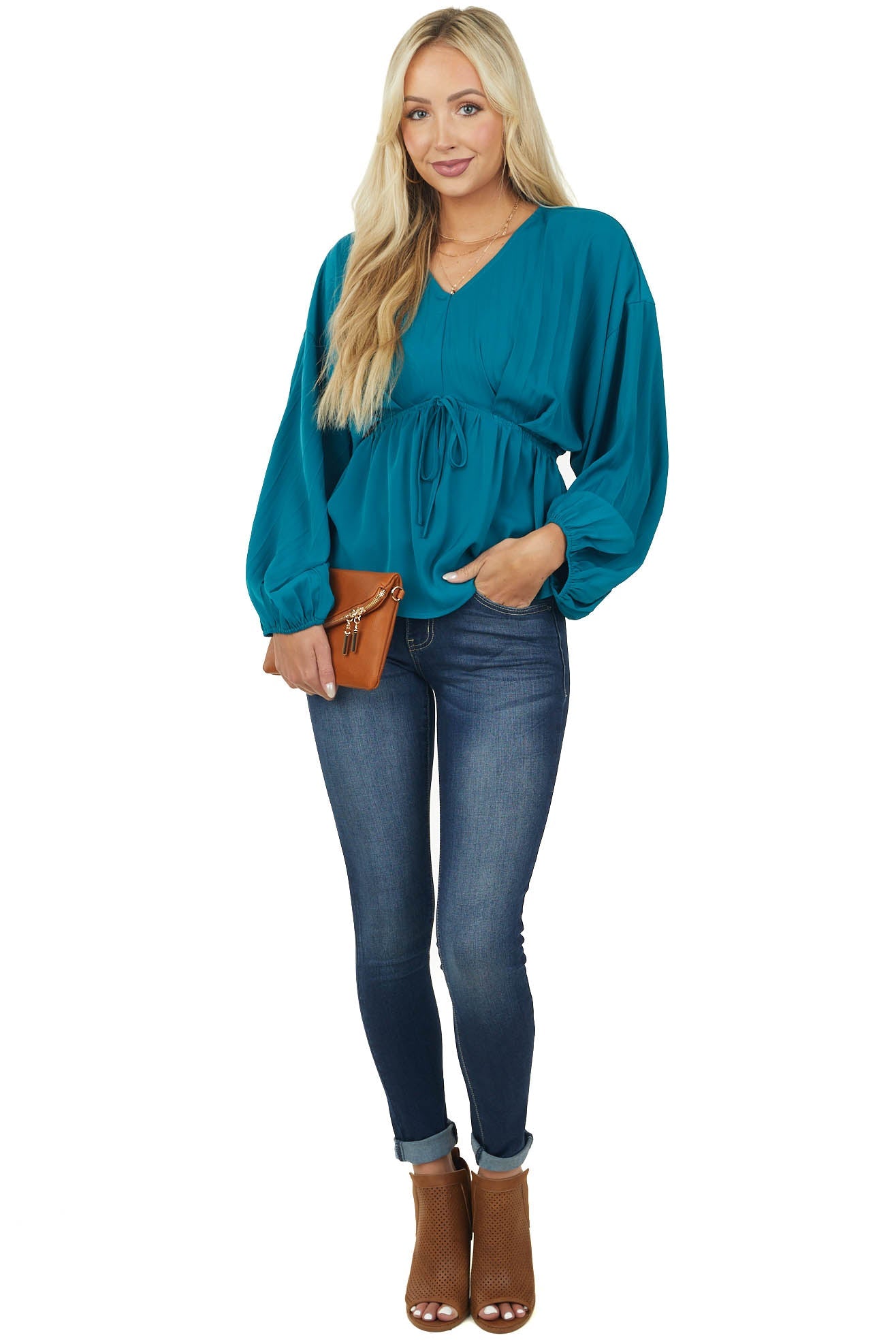 Deep Teal Pleated Long Sleeve Waist Tie Blouse