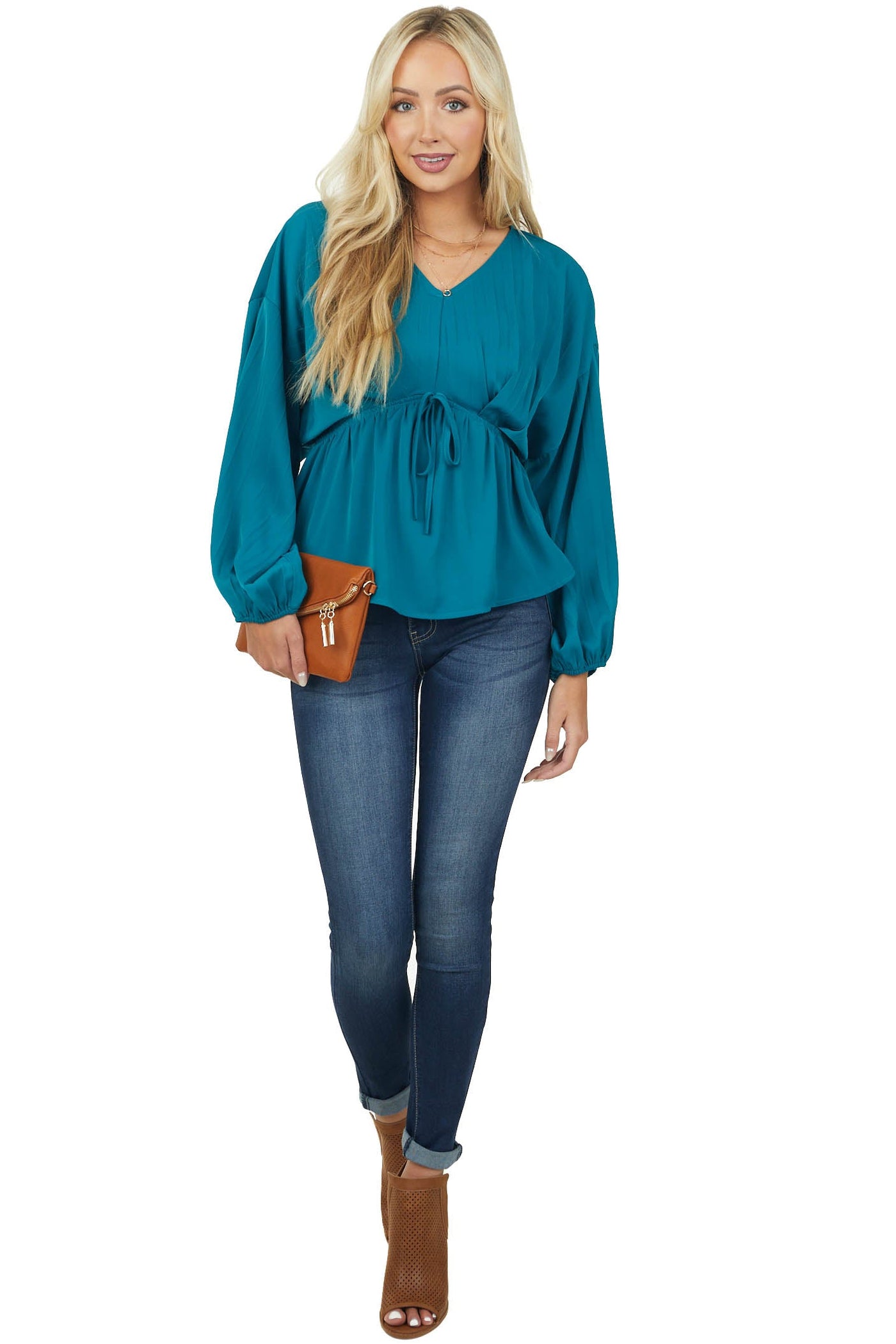 Deep Teal Pleated Long Sleeve Waist Tie Blouse