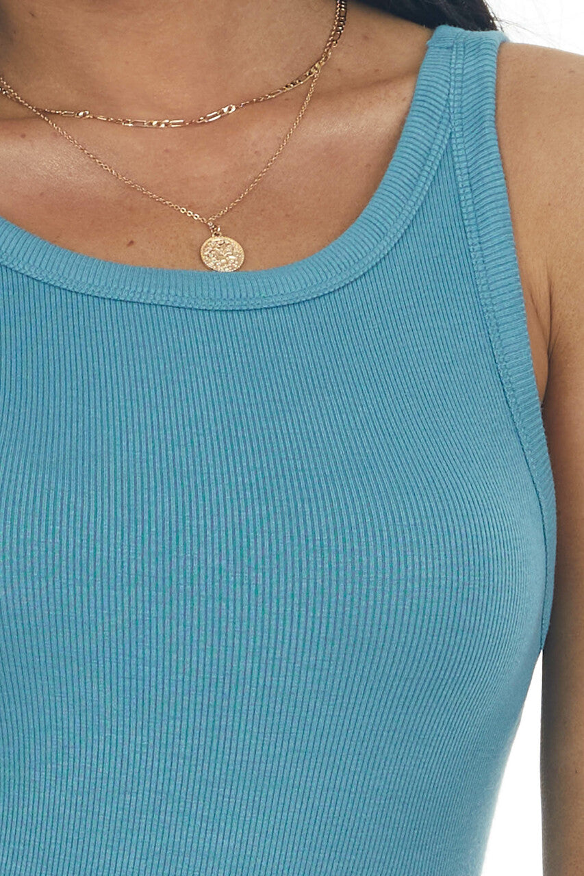 Deep Teal Ribbed Knit Fitted Tank Top