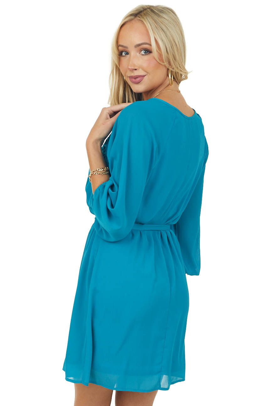 Deep Teal Stitching Detail Waist Tie Woven Dress