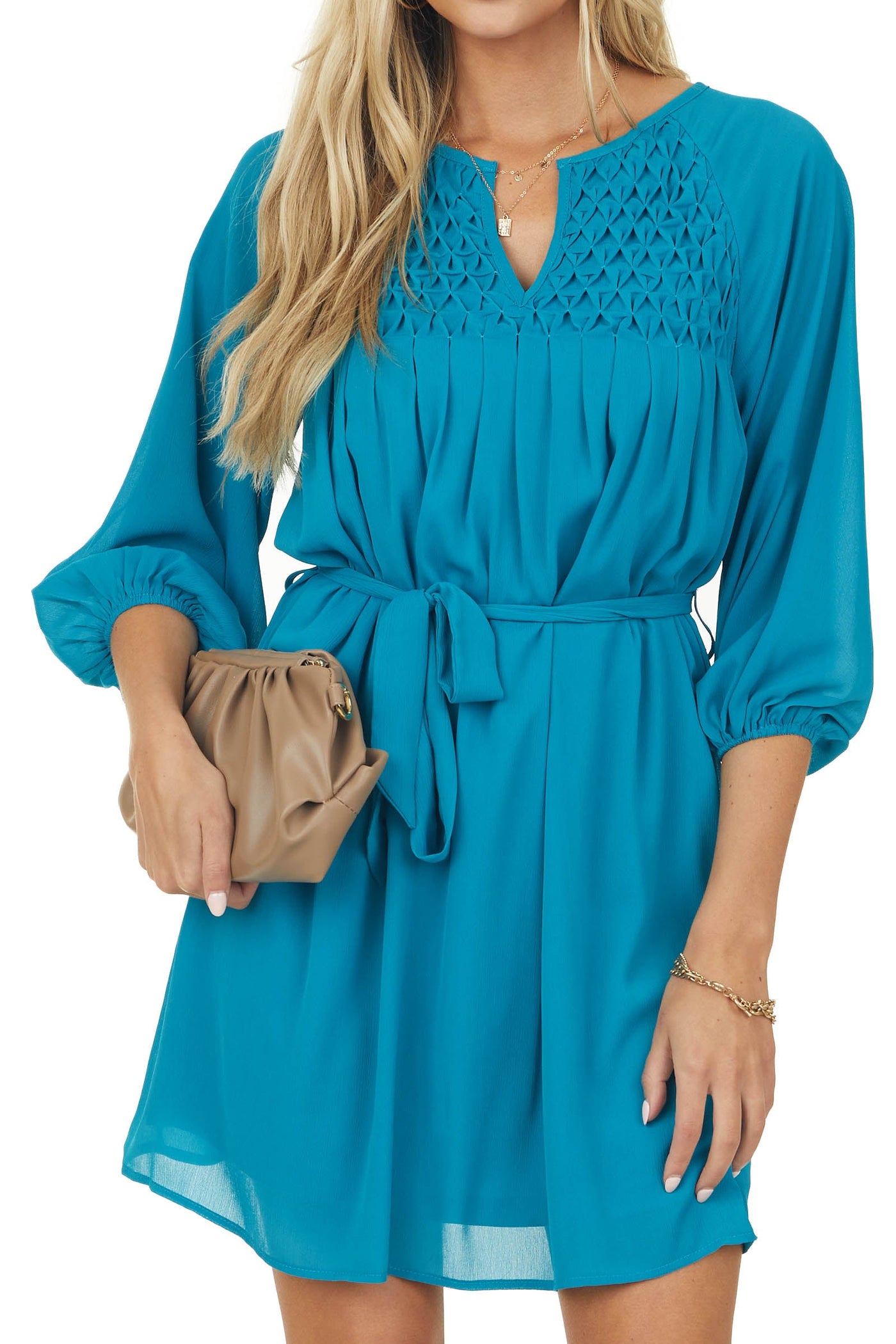 Deep Teal Stitching Detail Waist Tie Woven Dress