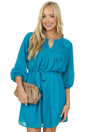 Deep Teal Stitching Detail Waist Tie Woven Dress