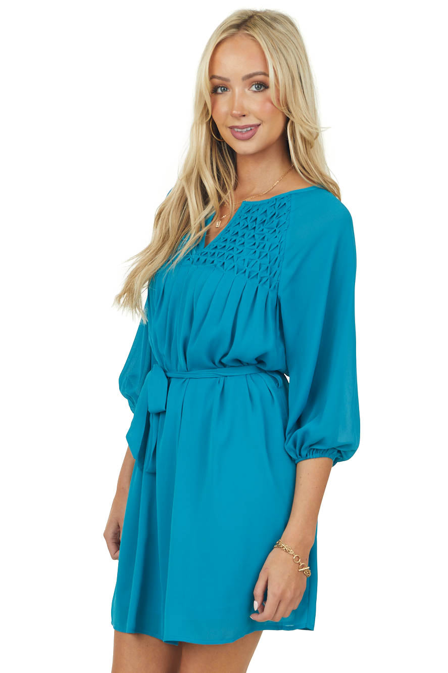 Deep Teal Stitching Detail Waist Tie Woven Dress