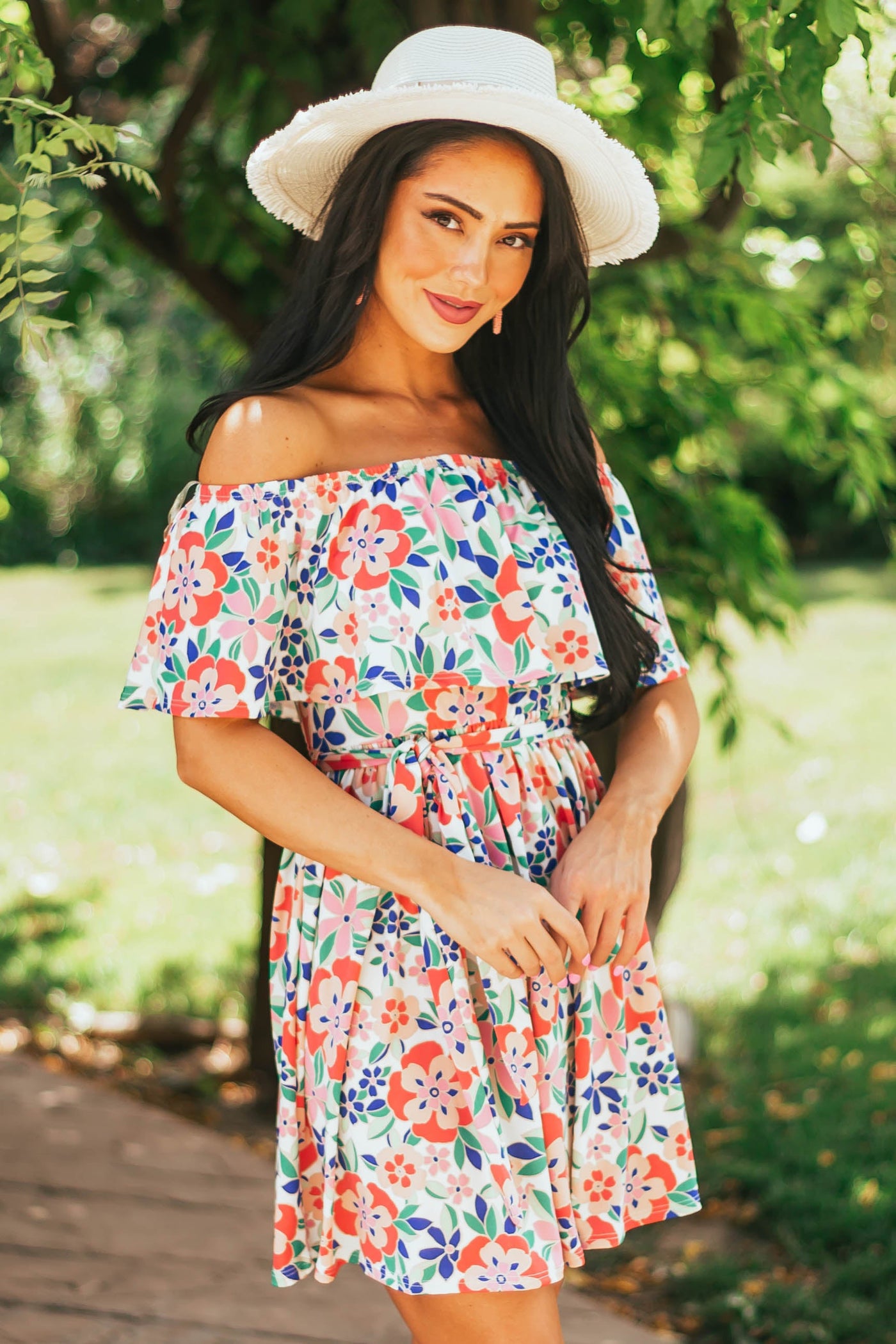 Deep Coral Floral Print Off Shoulder Short Dress