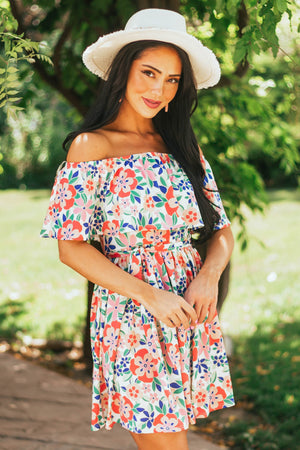 Deep Coral Floral Print Off Shoulder Short Dress