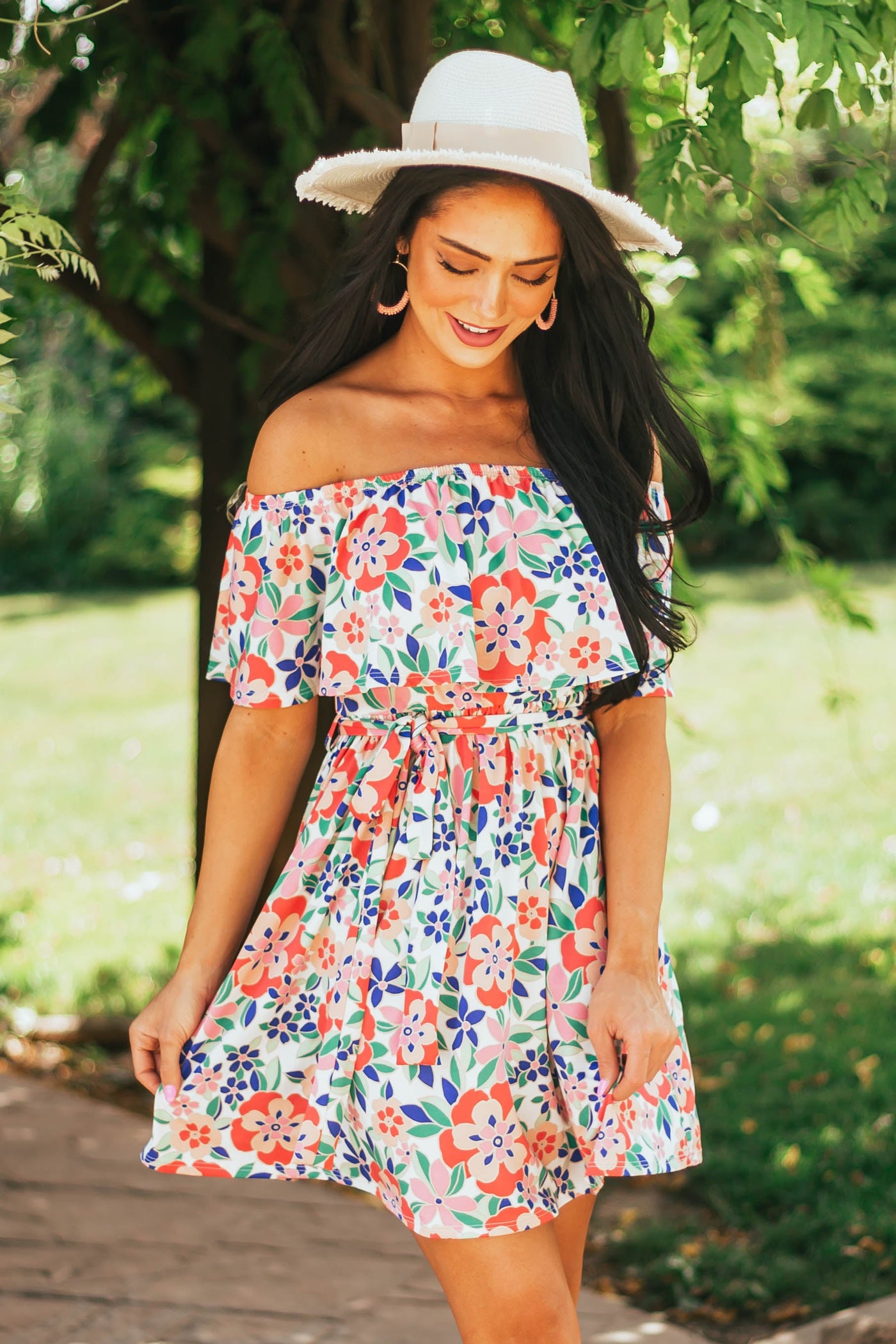 Deep Coral Floral Print Off Shoulder Short Dress