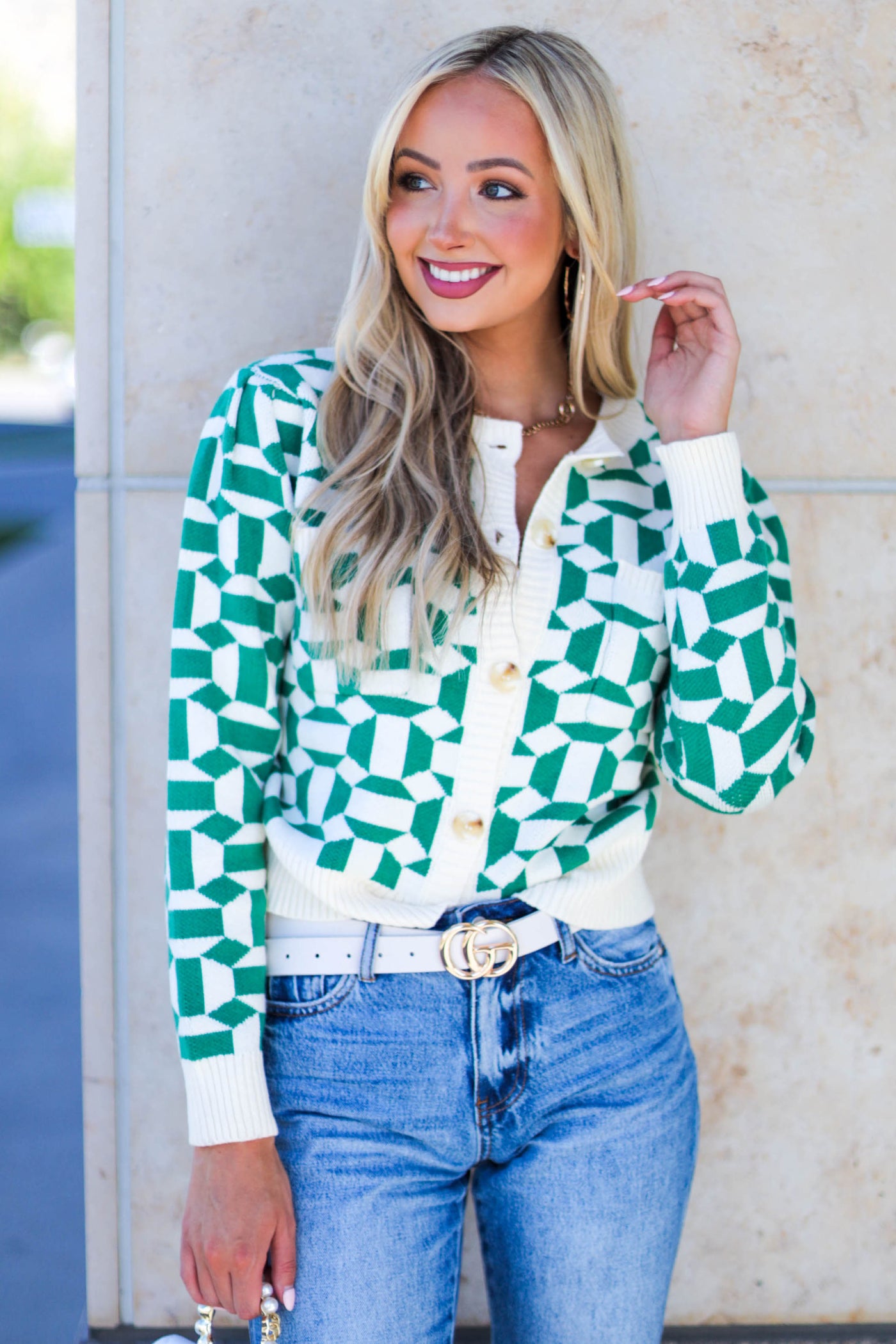 Deep Jade Abstract Print Button Up Knit Cardigan