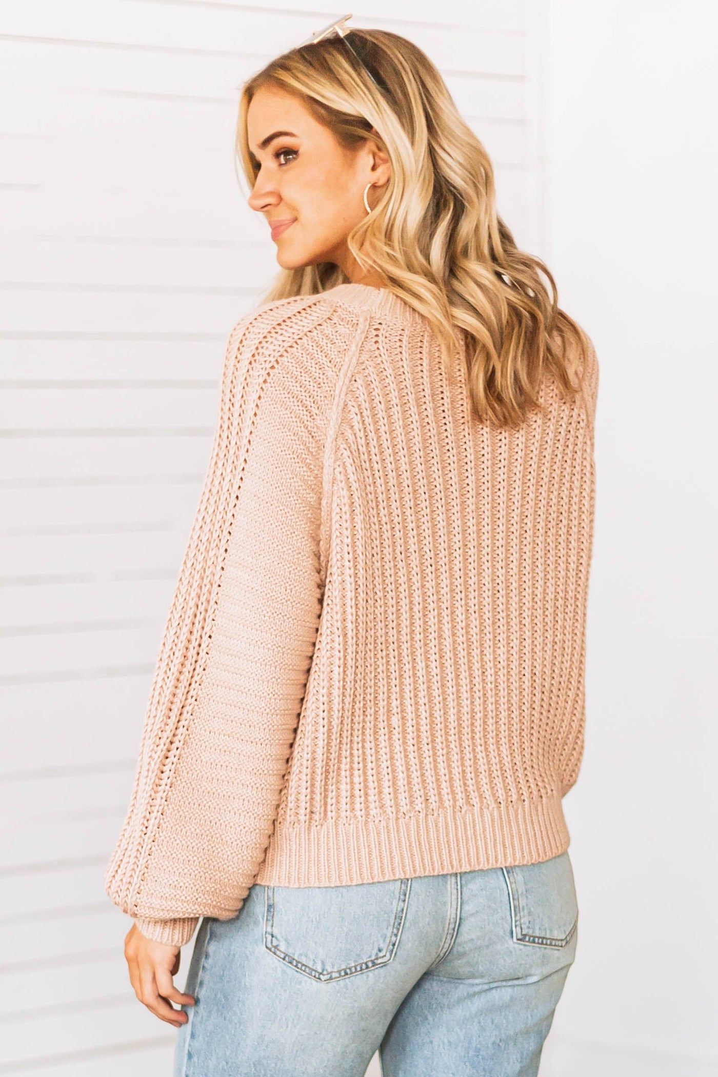 Desert Sand Bubble Sleeve Ribbed Knit Sweater