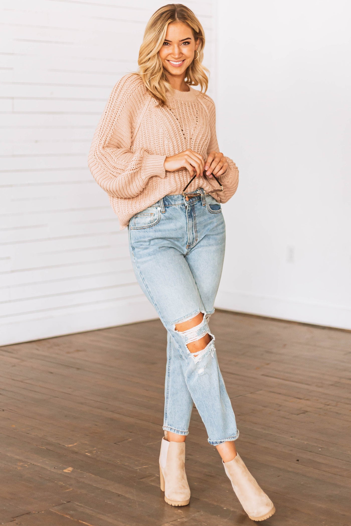 Desert Sand Bubble Sleeve Ribbed Knit Sweater