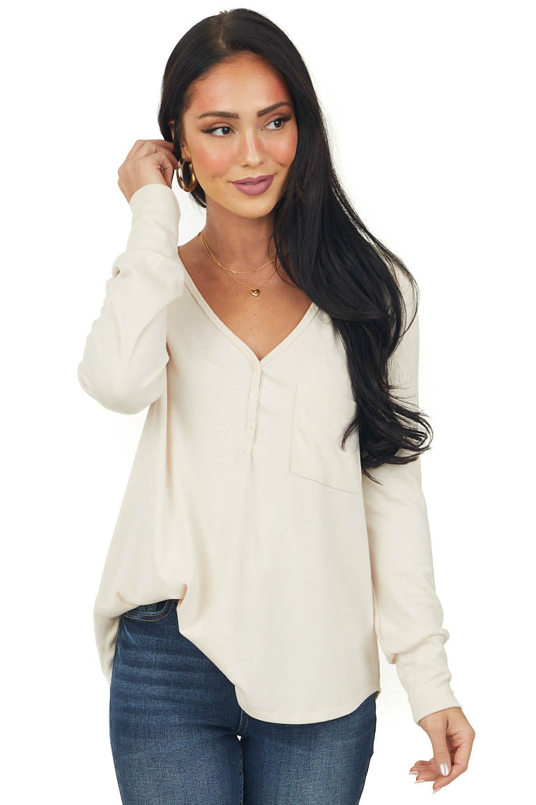 Desert Sand Comfy Henley V Neck Long Sleeve Top
