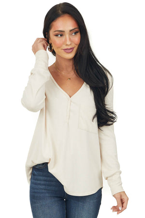Desert Sand Comfy Henley V Neck Long Sleeve Top