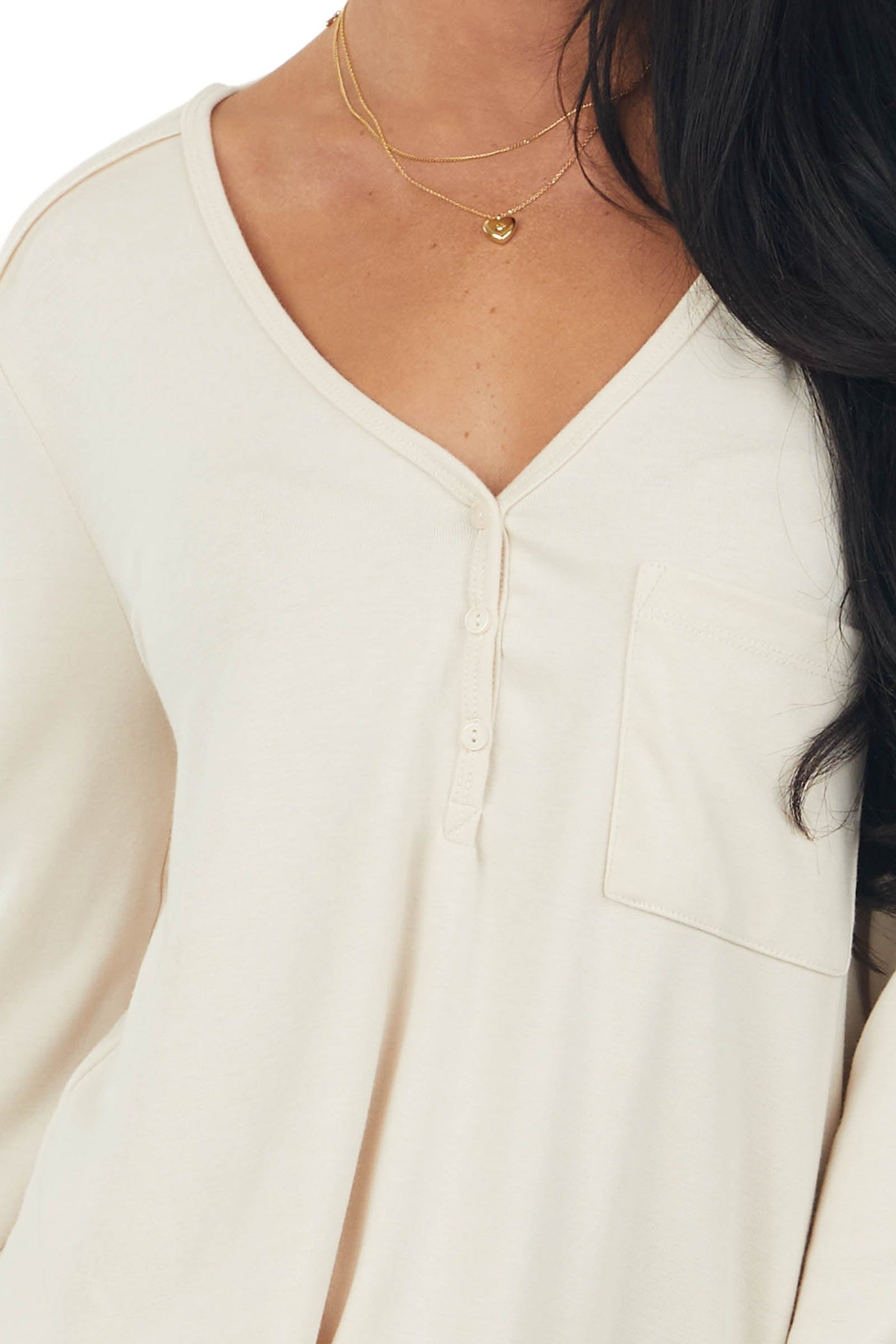 Desert Sand Comfy Henley V Neck Long Sleeve Top