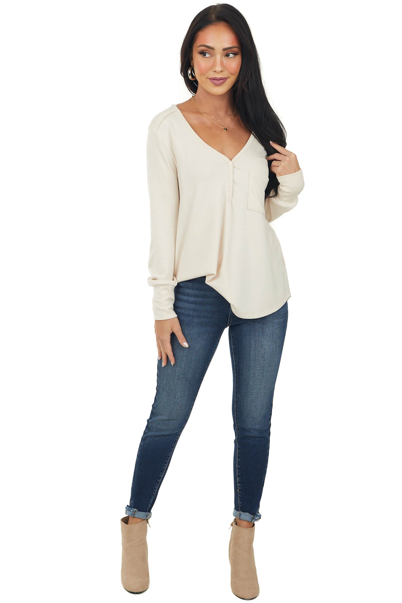 Desert Sand Comfy Henley V Neck Long Sleeve Top