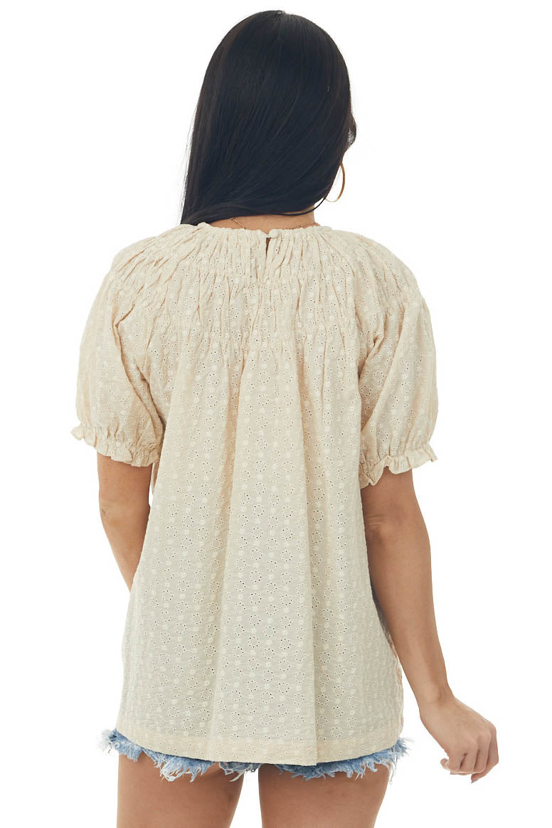 Desert Sand Eyelet Lace Short Puff Sleeve Top