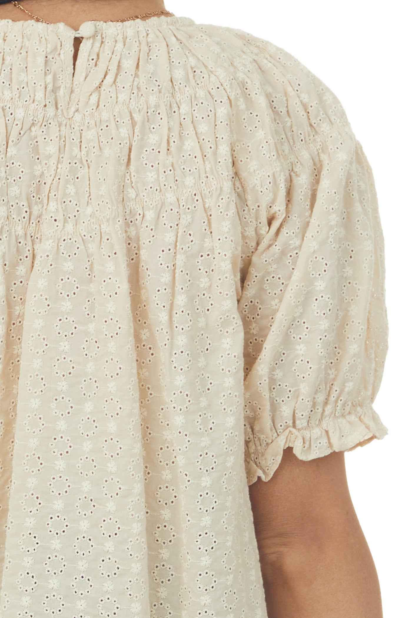 Desert Sand Eyelet Lace Short Puff Sleeve Top