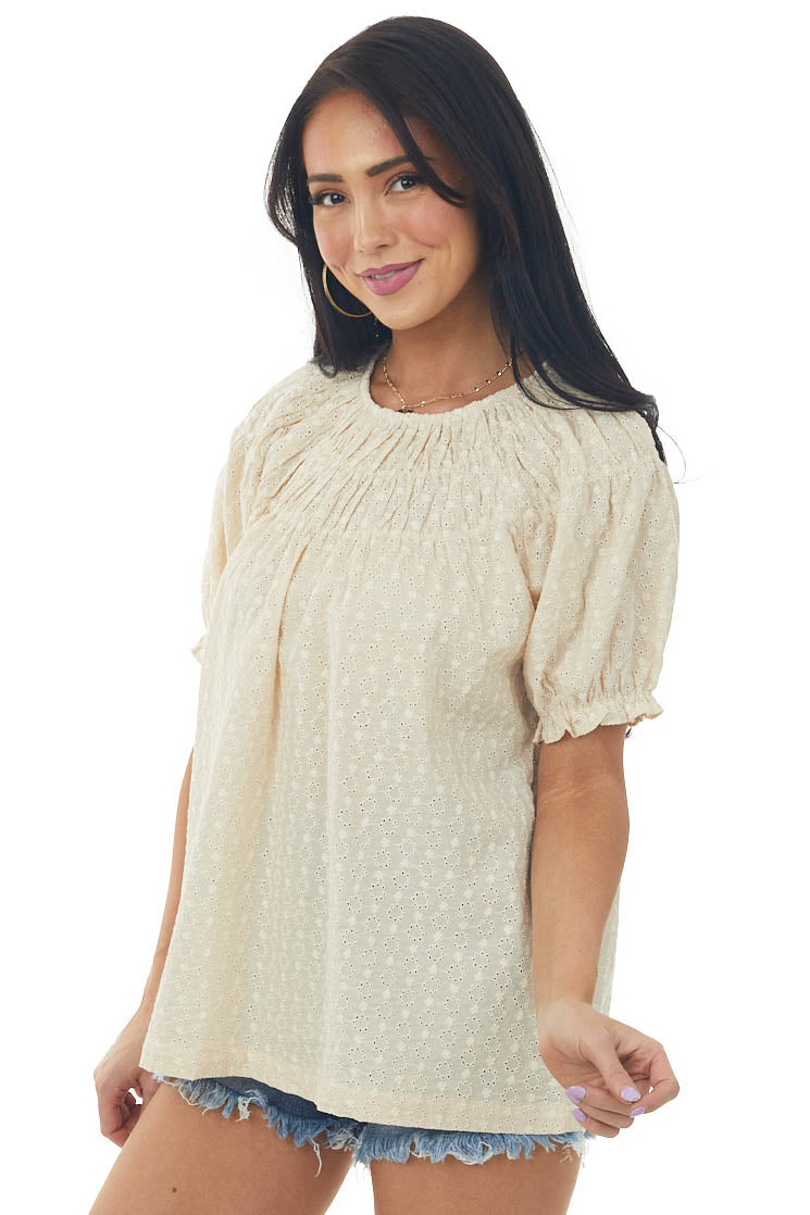 Desert Sand Eyelet Lace Short Puff Sleeve Top