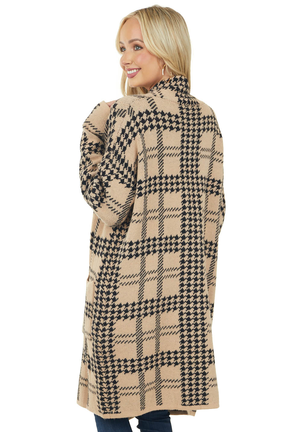 Desert Sand Houndstooth Print Tunic Cardigan