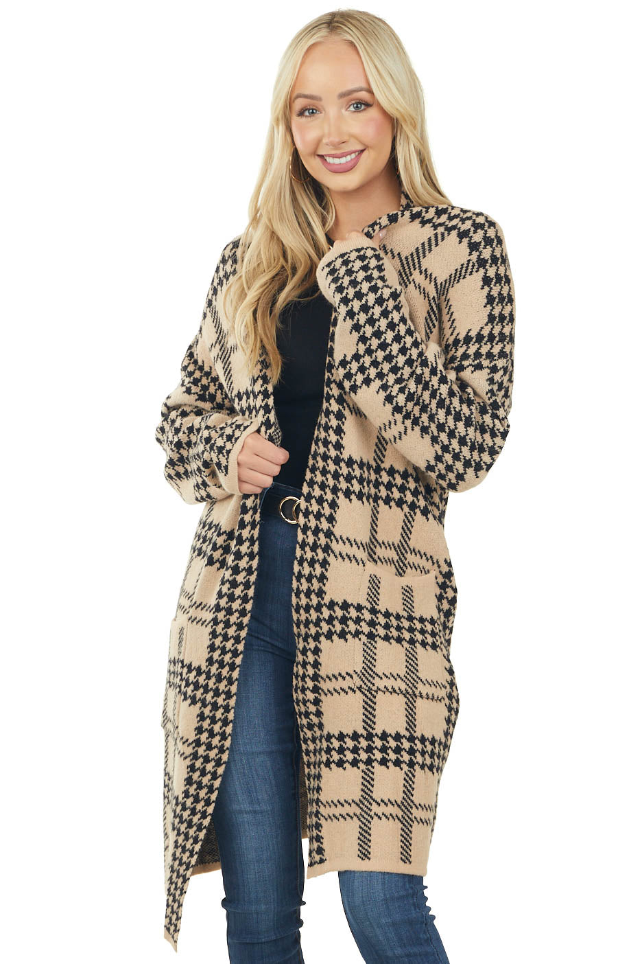 Desert Sand Houndstooth Print Tunic Cardigan