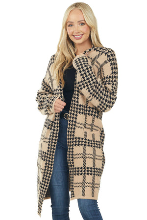 Desert Sand Houndstooth Print Tunic Cardigan