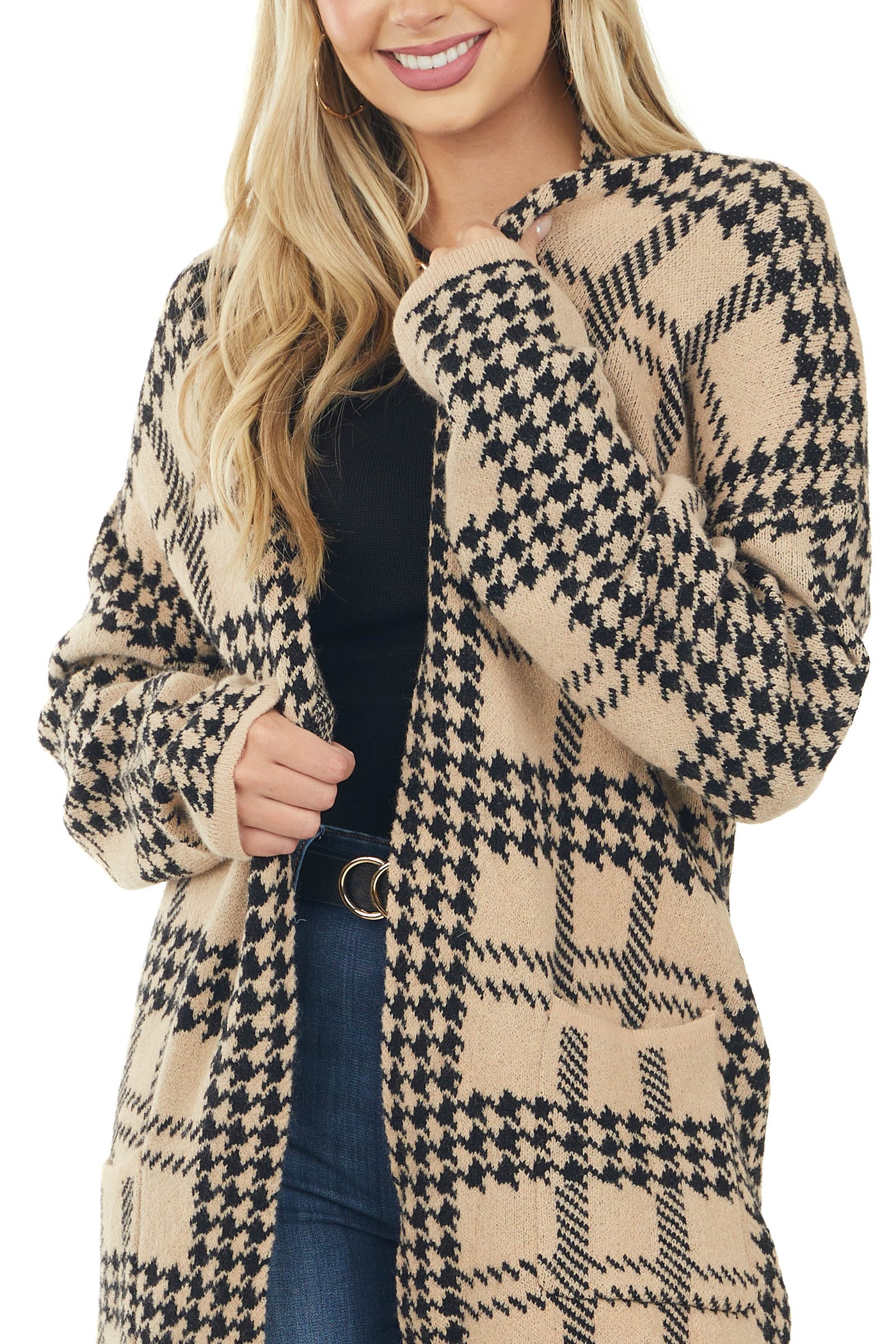 Desert Sand Houndstooth Print Tunic Cardigan