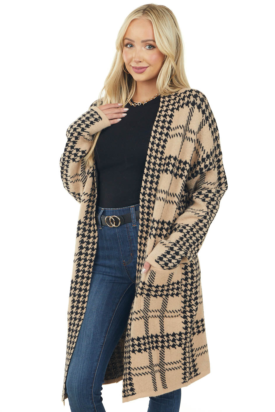 Desert Sand Houndstooth Print Tunic Cardigan