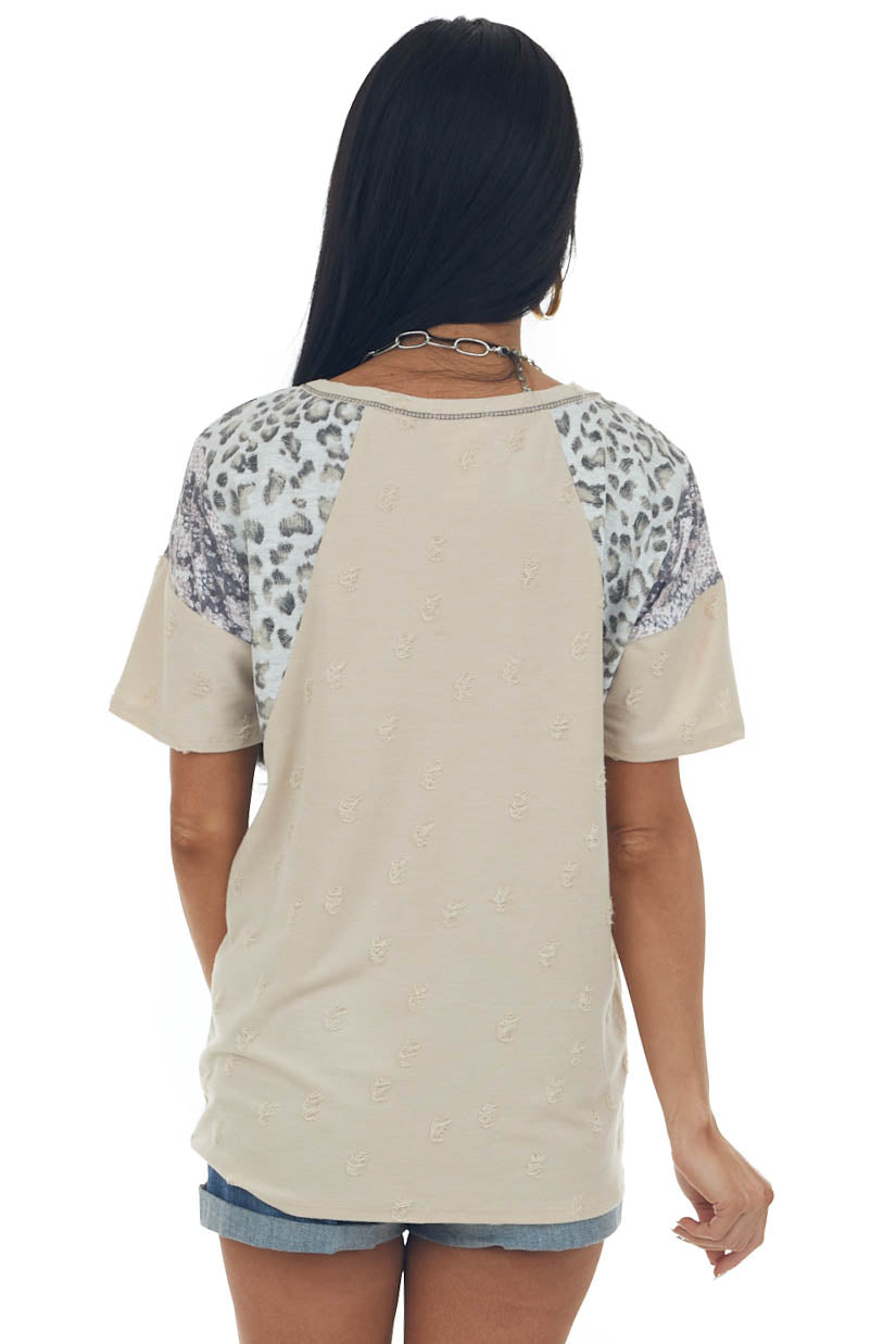 Desert Sand Multiprint Short Sleeve Distressed Knit Top