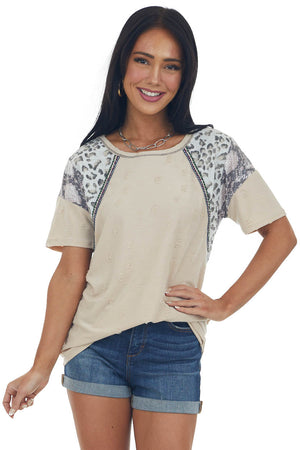Desert Sand Multiprint Short Sleeve Distressed Knit Top