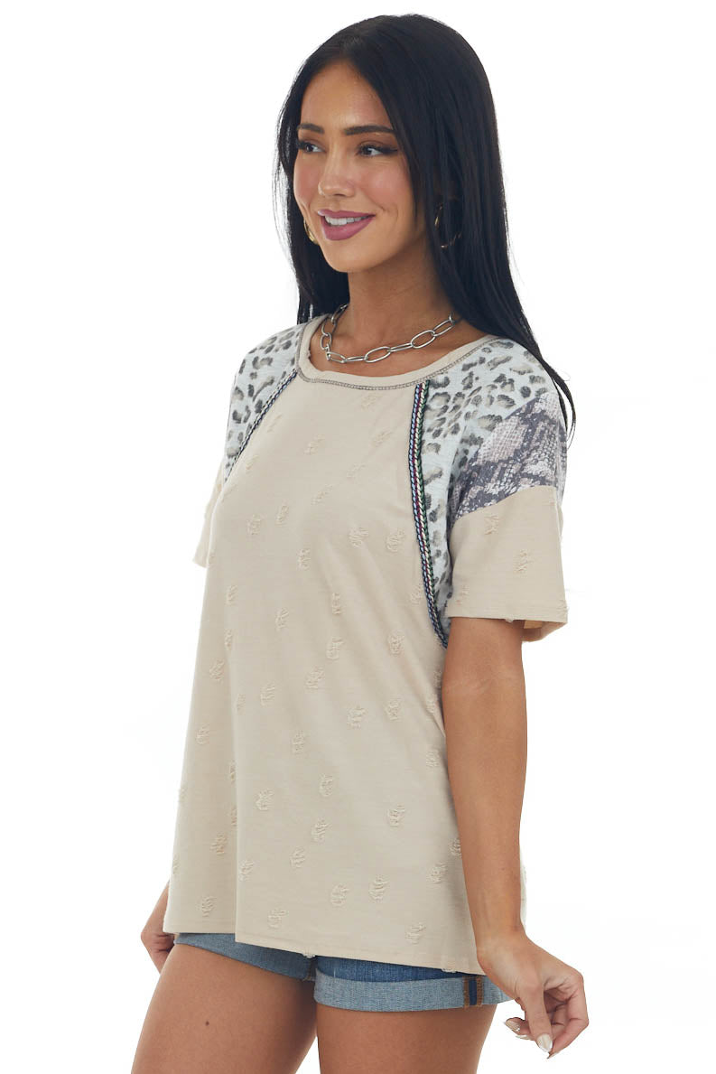 Desert Sand Multiprint Short Sleeve Distressed Knit Top