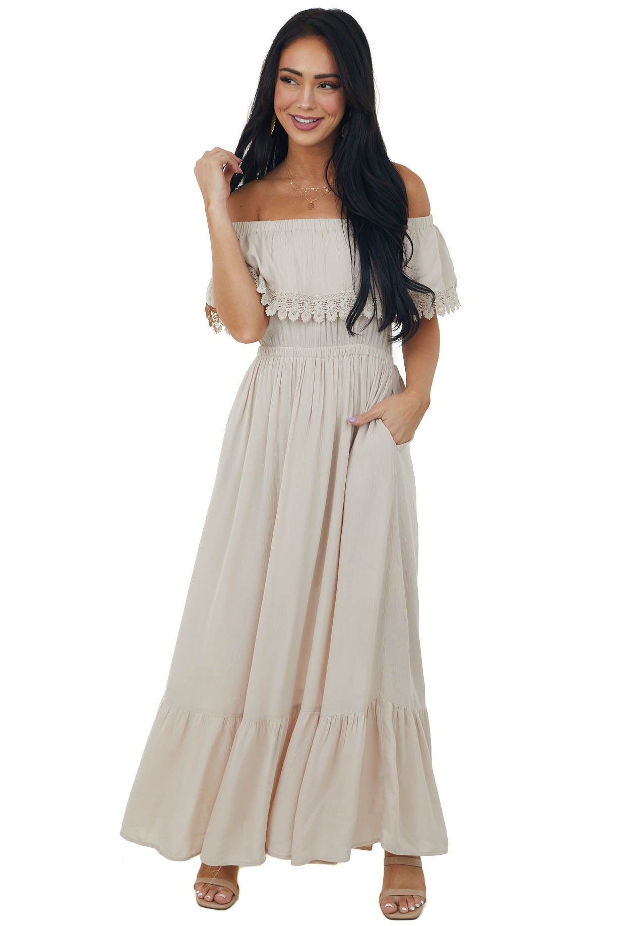 Desert Sand Off Shoulder Lace Detail Maxi Dress