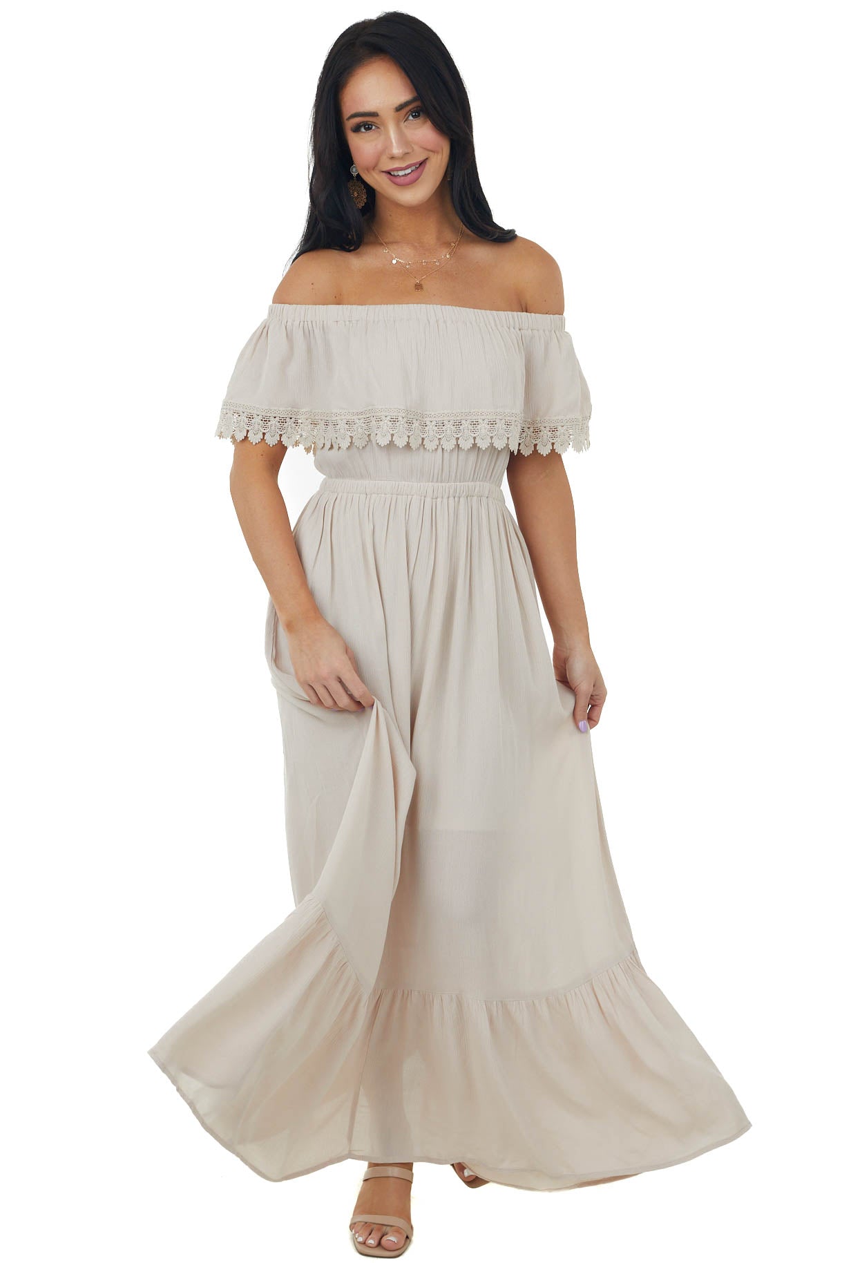 Desert Sand Off Shoulder Lace Detail Maxi Dress