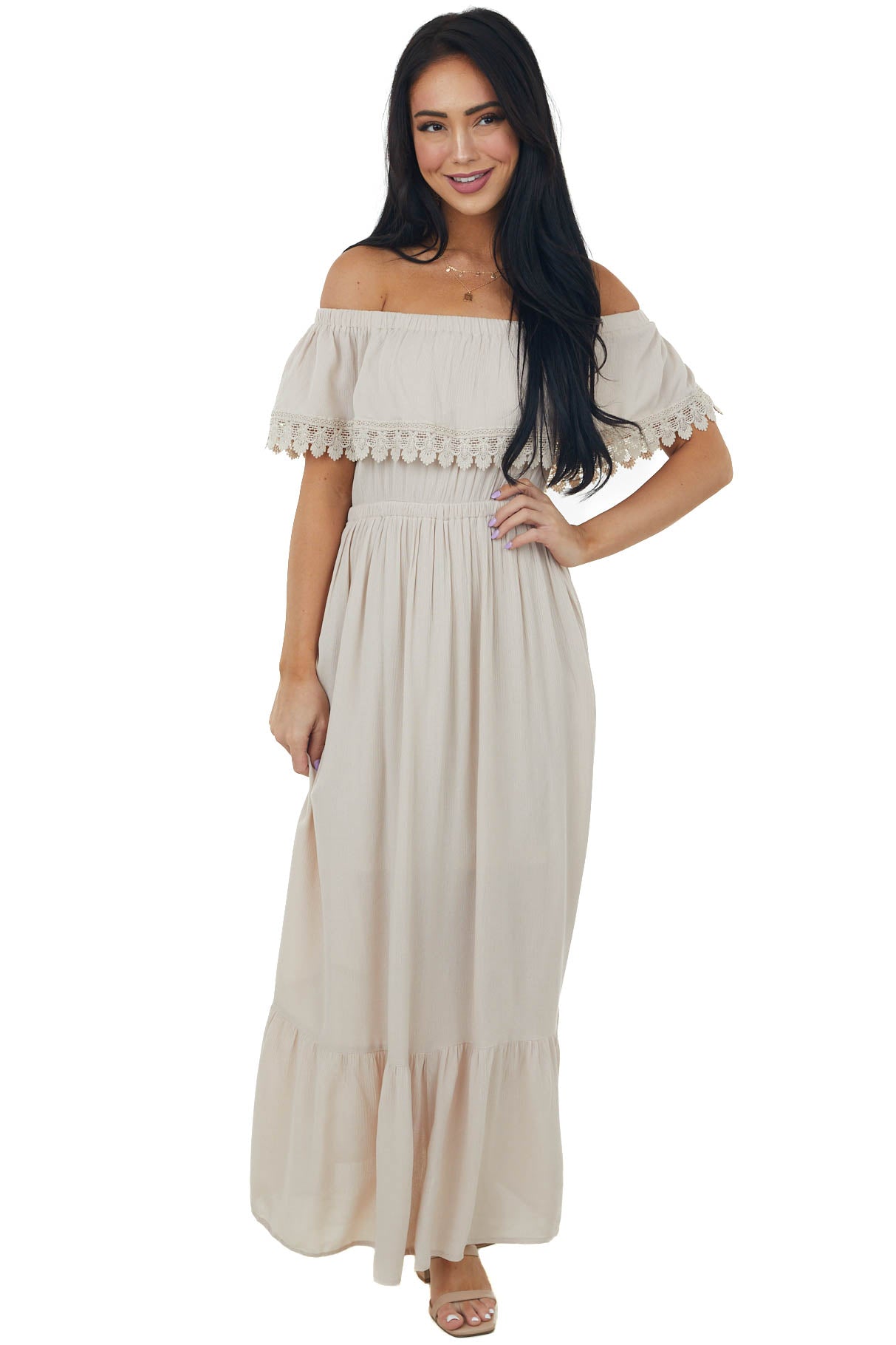 Desert Sand Off Shoulder Lace Detail Maxi Dress