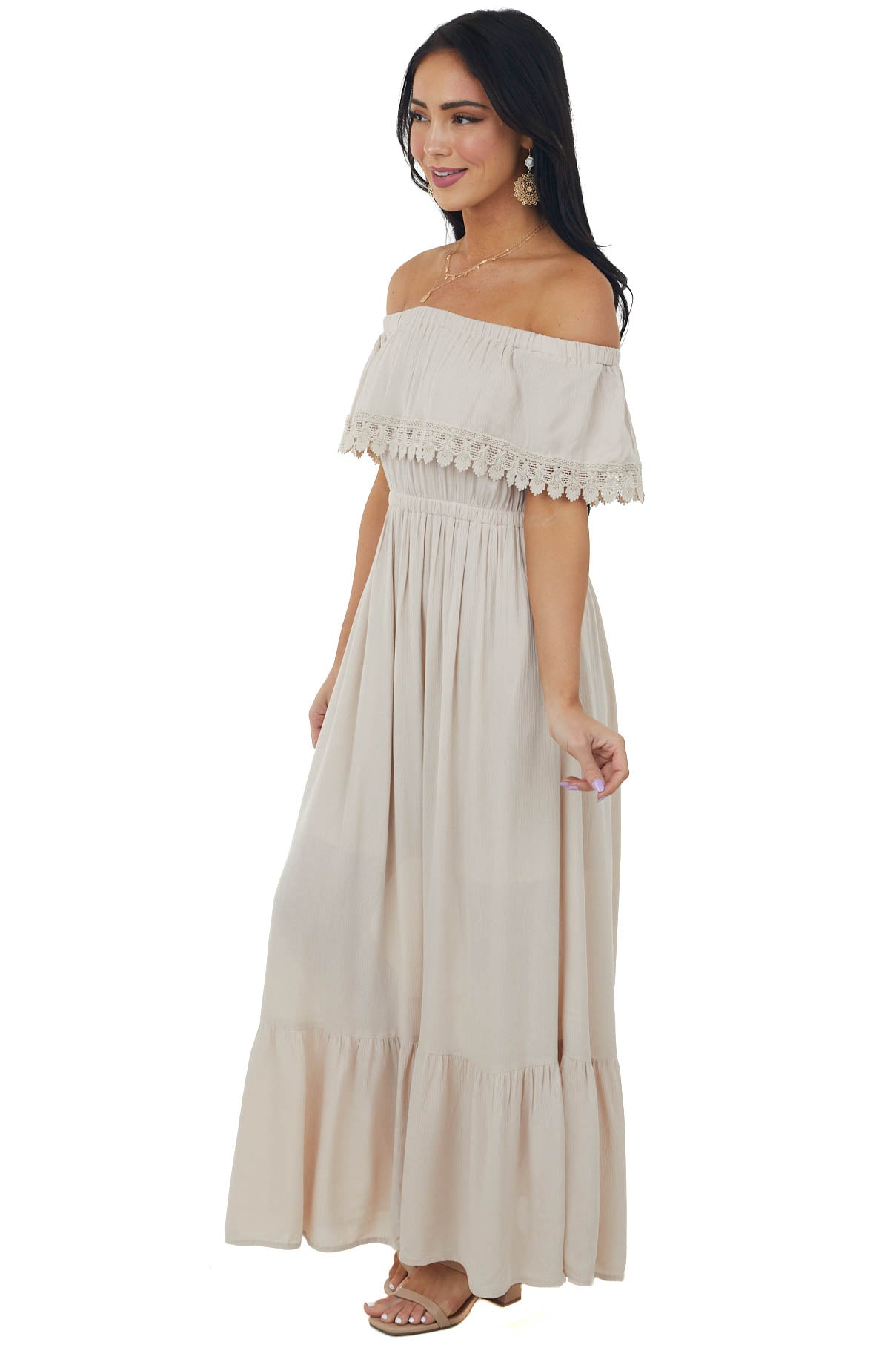 Desert Sand Off Shoulder Lace Detail Maxi Dress